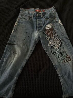 Ed Hardy Blue Denim Jeans with Multicolor Graphic Leg Art